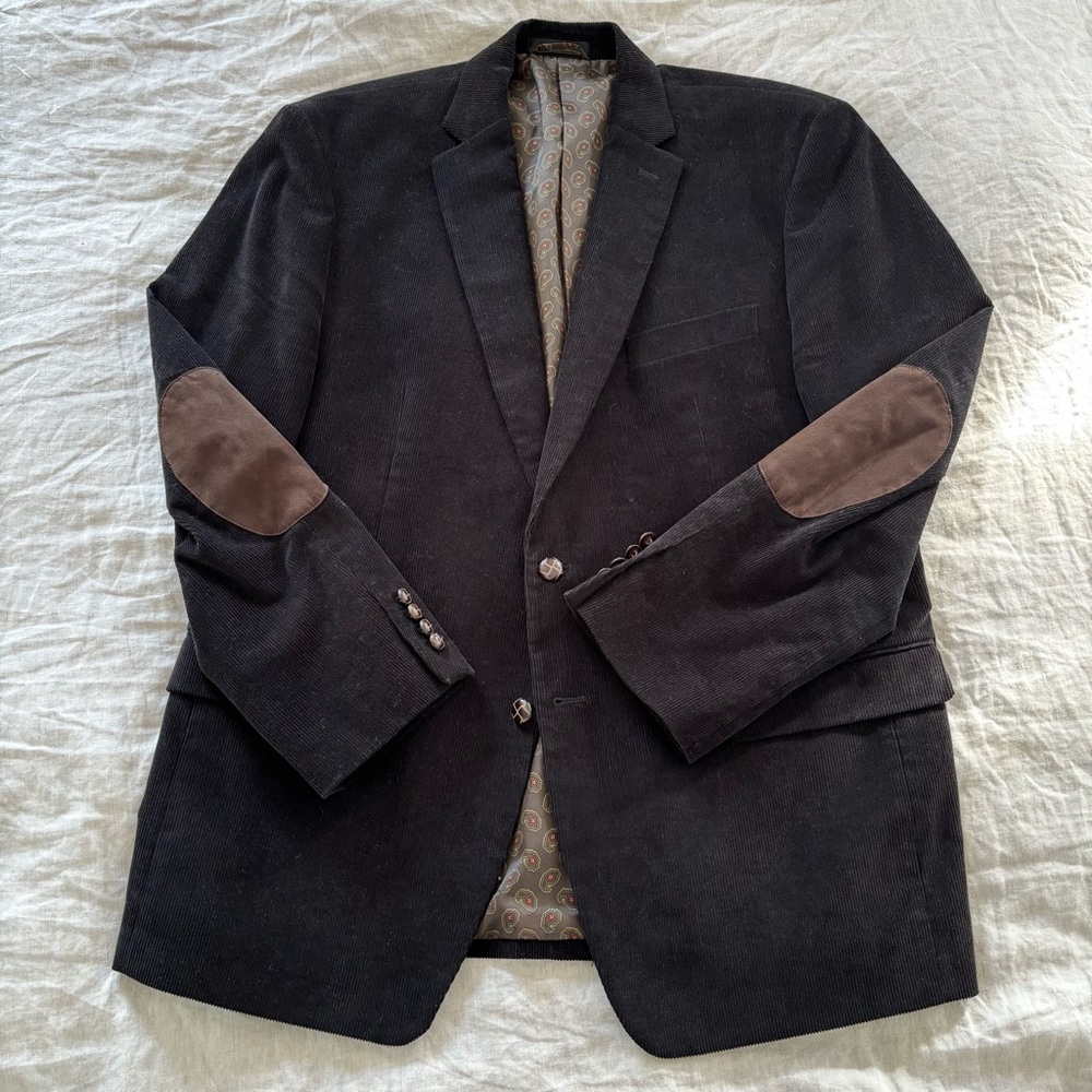 Chaps Black Corduroy Blazer with Brown Suede Detail 44R